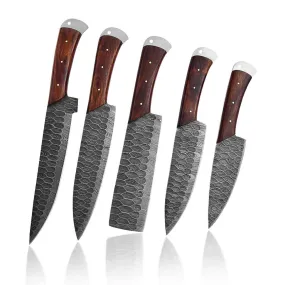 Brown Handles Handmade Damascus Kitchen Chef Knives Set of 5 Pieces