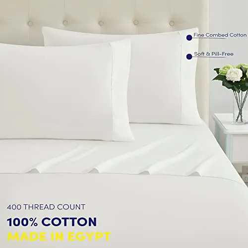 California King Size Sheets 100% Cotton Made in Egypt Soft 400 Thread Count for Cal King Size Bed Mattress, 4 Pieces Bedding Sheets & Pillowcases Sets, California King, White