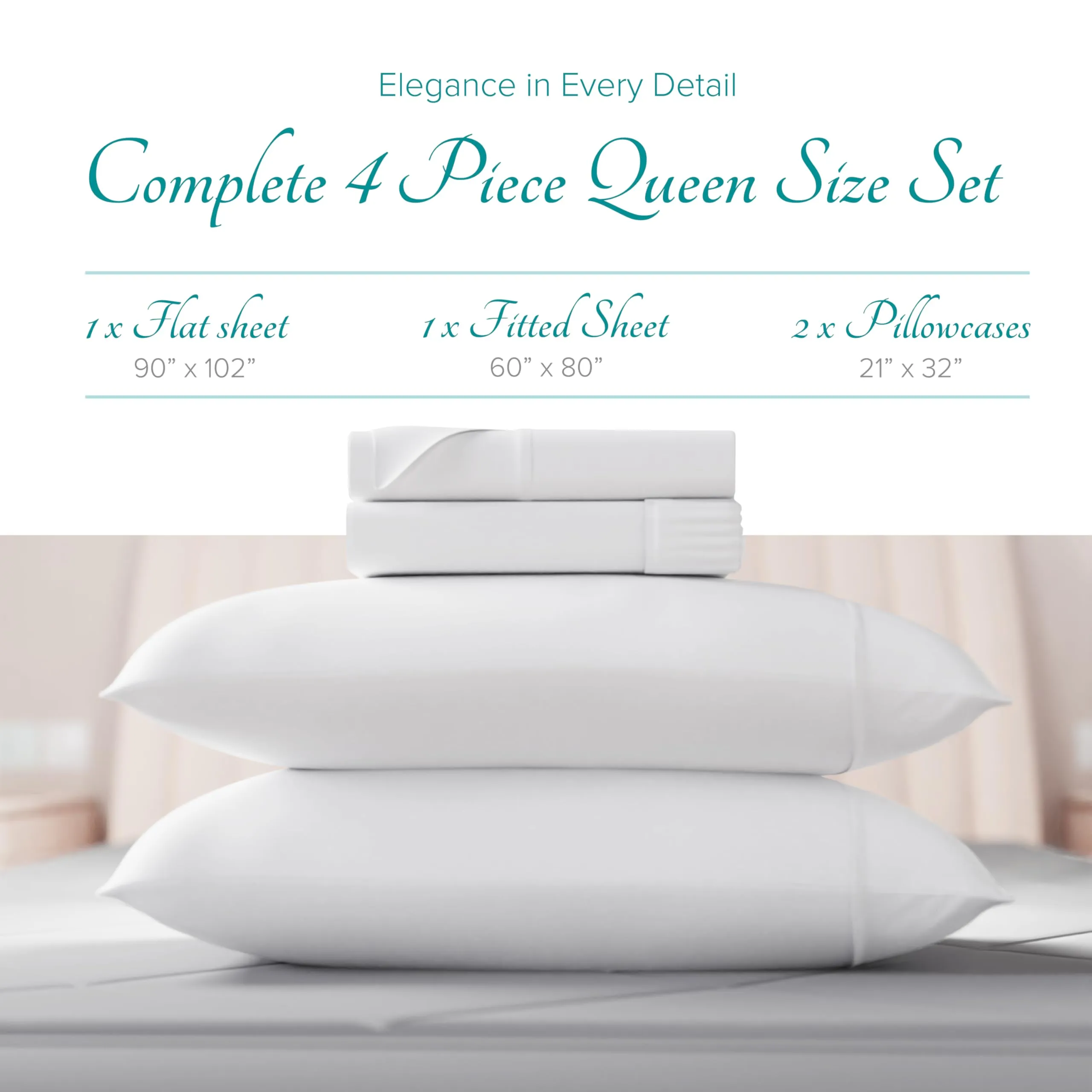 Carressa Linen 100% Egyptian Cotton Sheets Queen Size 800 Thread Count 4 PC Crisp White Cotton Sheets for Queen Size Bed, Extra Long Staple Soft Cooling Sheets, Luxury Hotel Sheets, 16 in Deep Pocket