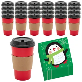 Christmas Holiday Disposable 16-ounce Cups, Blank Kraft Sleeves, & Napkins (24-ct)