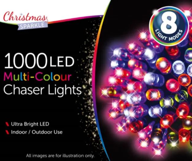 Christmas Sparkle Indoor and Outdoor Chaser Lights x 1000 Multi Coloured LEDs - Mains Operated