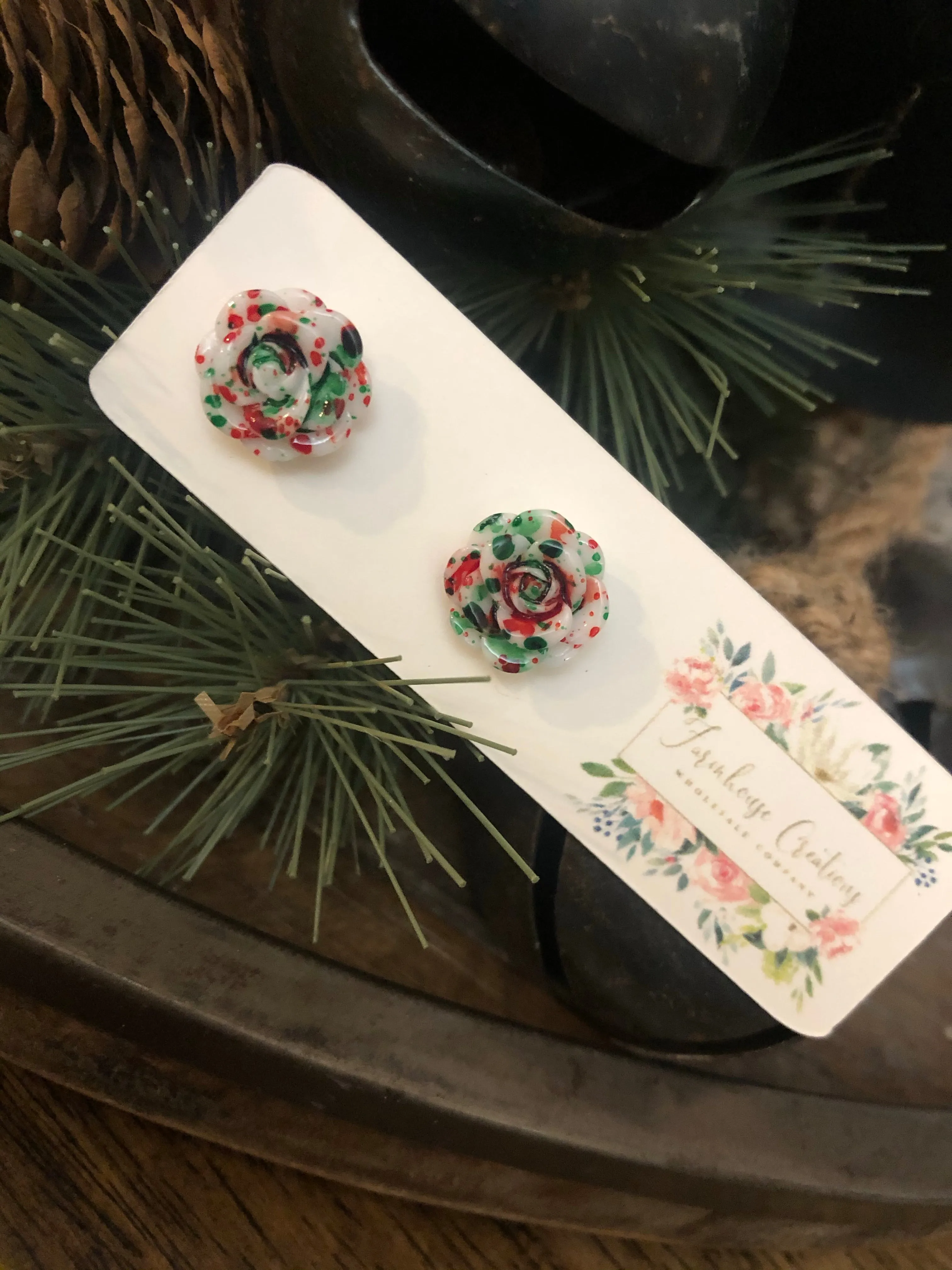 Christmas Splatter Rose Earrings