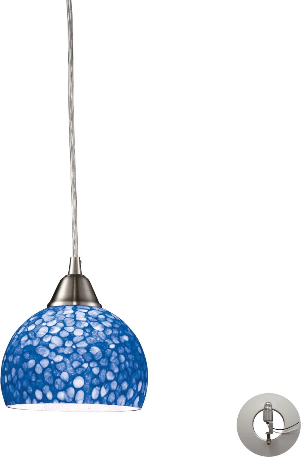 Cira 1 Light Pendant In Satin Nickel With Pebbled Blue Glass - Includes Recessed Lighting Kit