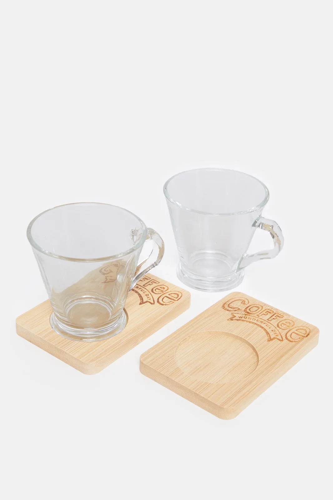 Clear Glass Cup With Wooden Coaster Set ( 4 Piece)