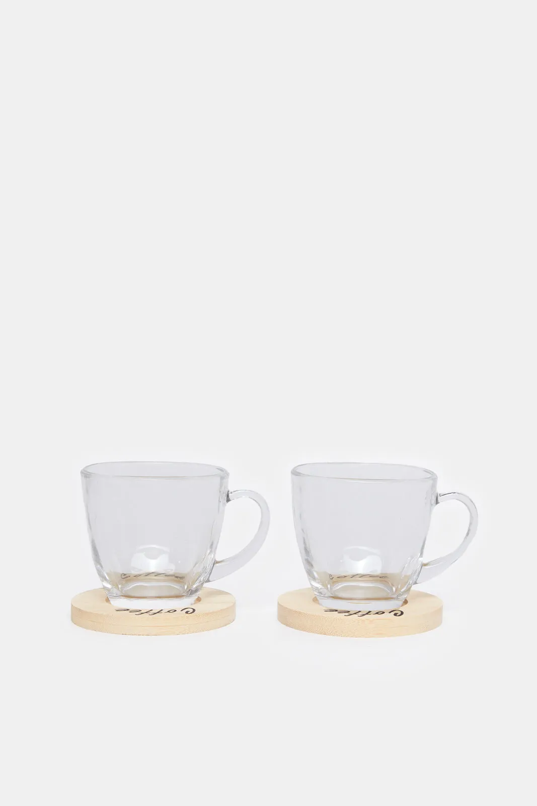 Clear Glass Cup With Wooden Coaster Set ( 4 Piece)