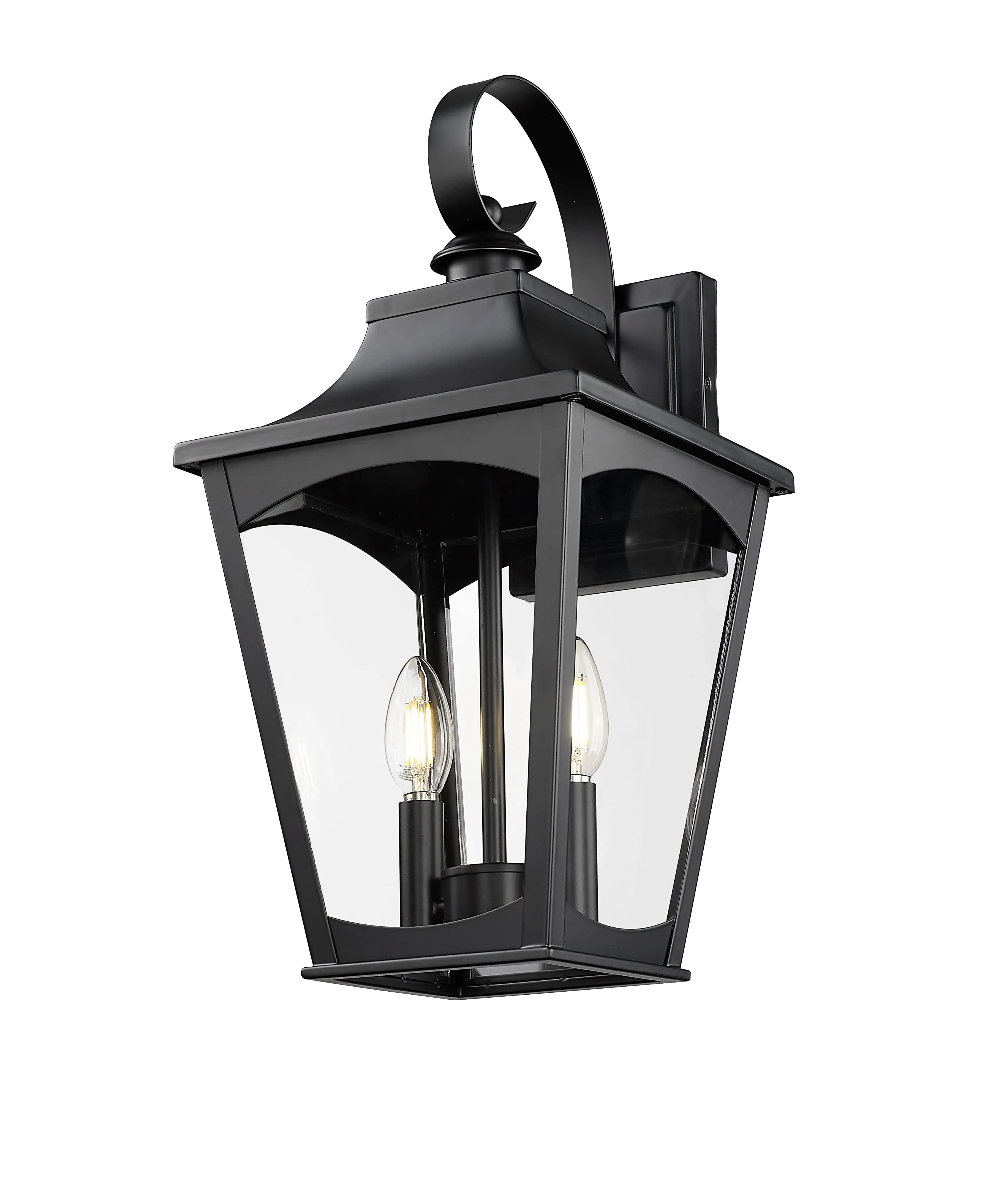 Curry Outdoor Wall Sconce - Powder Coated Black - Clear Glass - 10in. Extension - E26 Candelabra Base