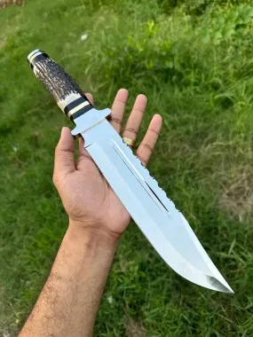 Custom Handmade 15” J2 Steel Bowie Knife with Stag Horn Handle and Steel Guard – Includes Leather Sheath