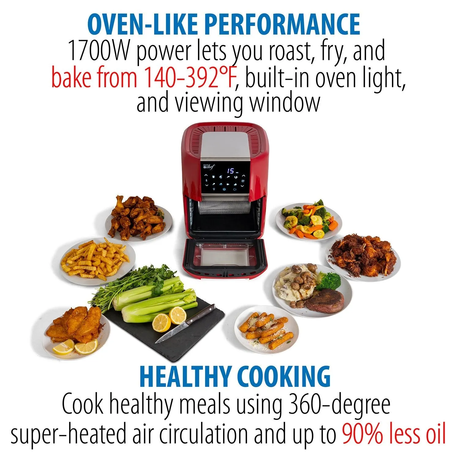 Deco Chef 12.7QT Digital Air Fryer Oven, with 3 Racks, Rotisserie, 8 Meal Presets, Red