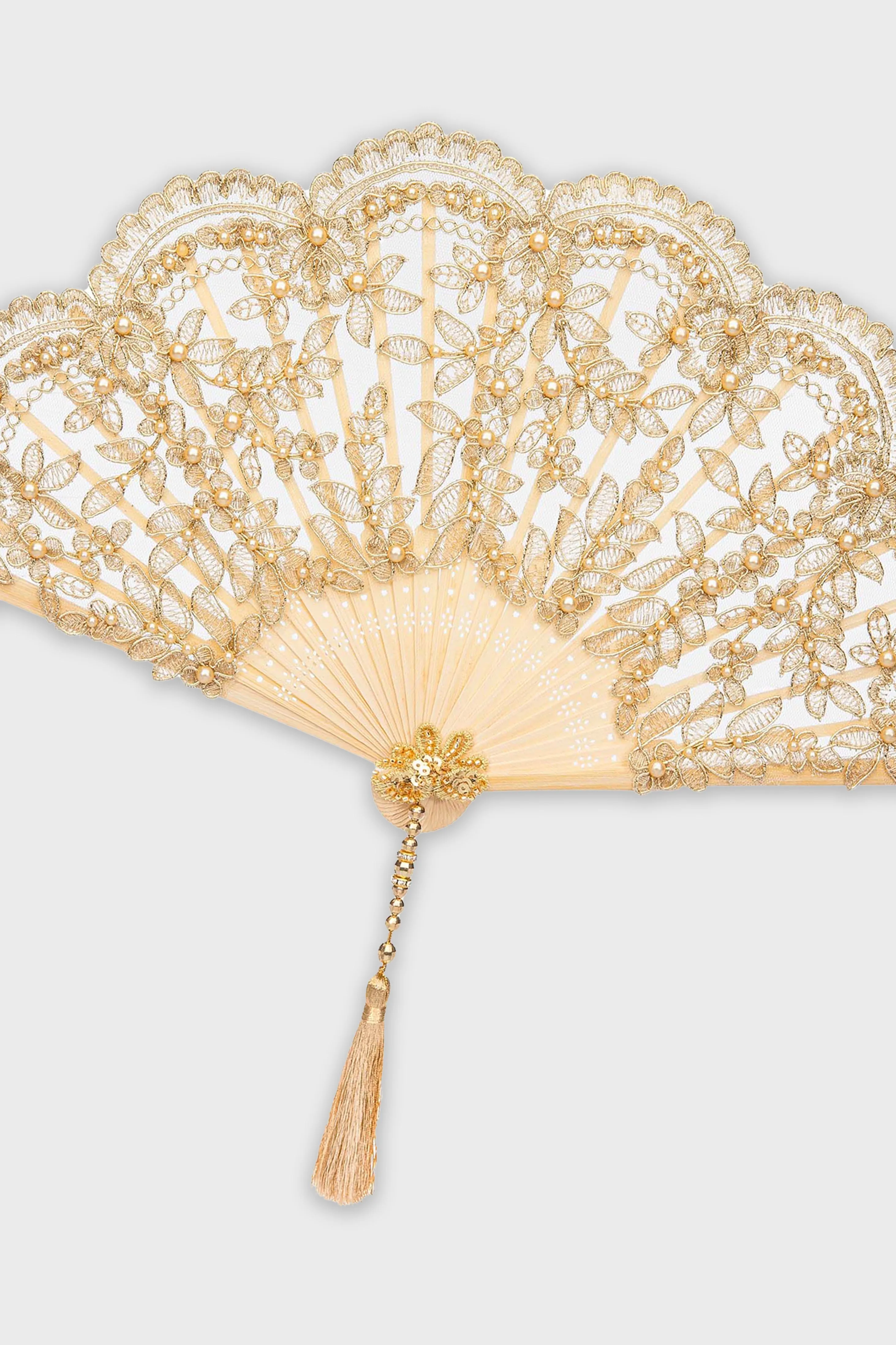 Delicate Beaded Non-Foldable Lace Fan