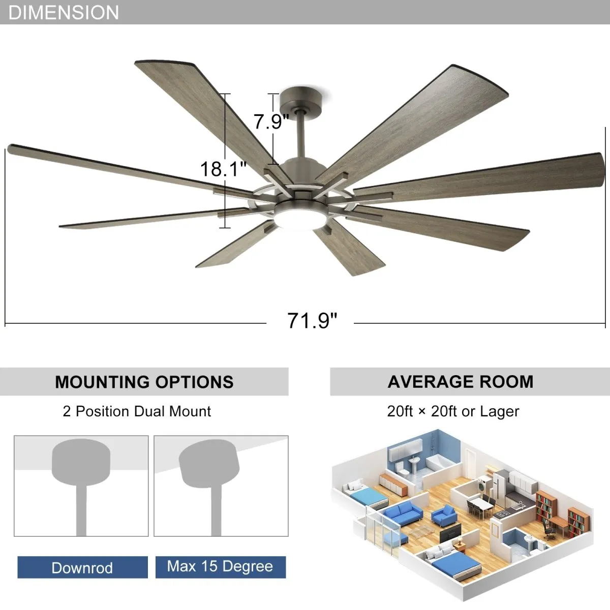 Depuley Large Ceiling Fan with Lights, 72" DC Reversible Ceiling Fan with Light LED, 8 Plywood Blades 5 Speed, Modern Industrial Ceiling Fans Indoor for Living Room, Color Changeable 3000K-6000K, Gray