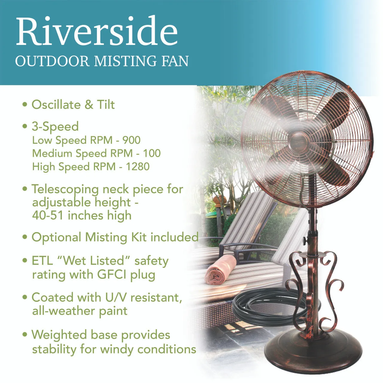 Design Aire 18" Indoor/Outdoor Fan RIVERSIDE - With Misting Kit - NO COVER