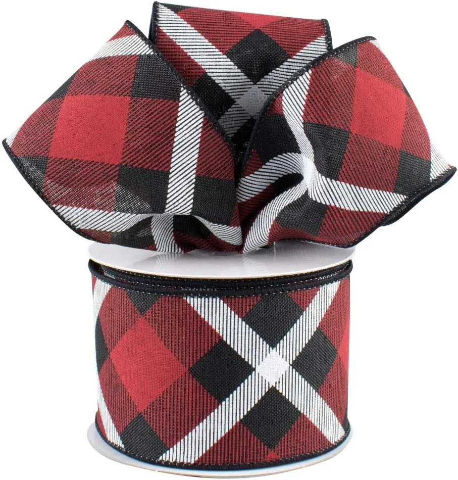 Diagonal Plaid Wired Christmas Ribbon - 2 1/2 inch x 10 Yards