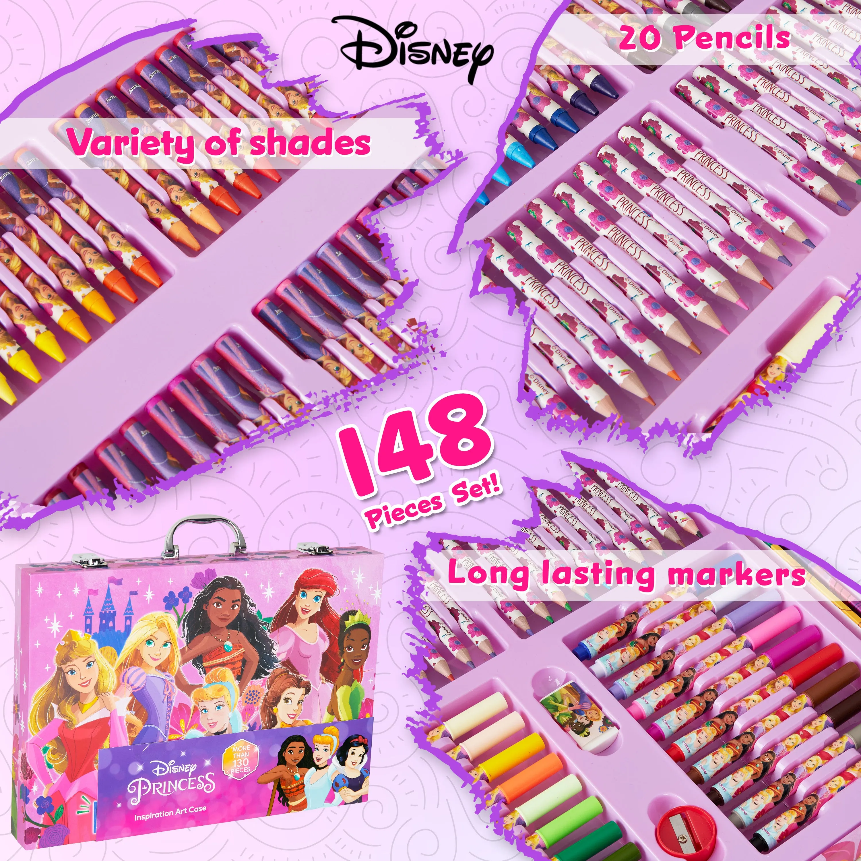 Disney Art Set for Kids 130  Pieces Colouring Pencils - Multi Princess Set