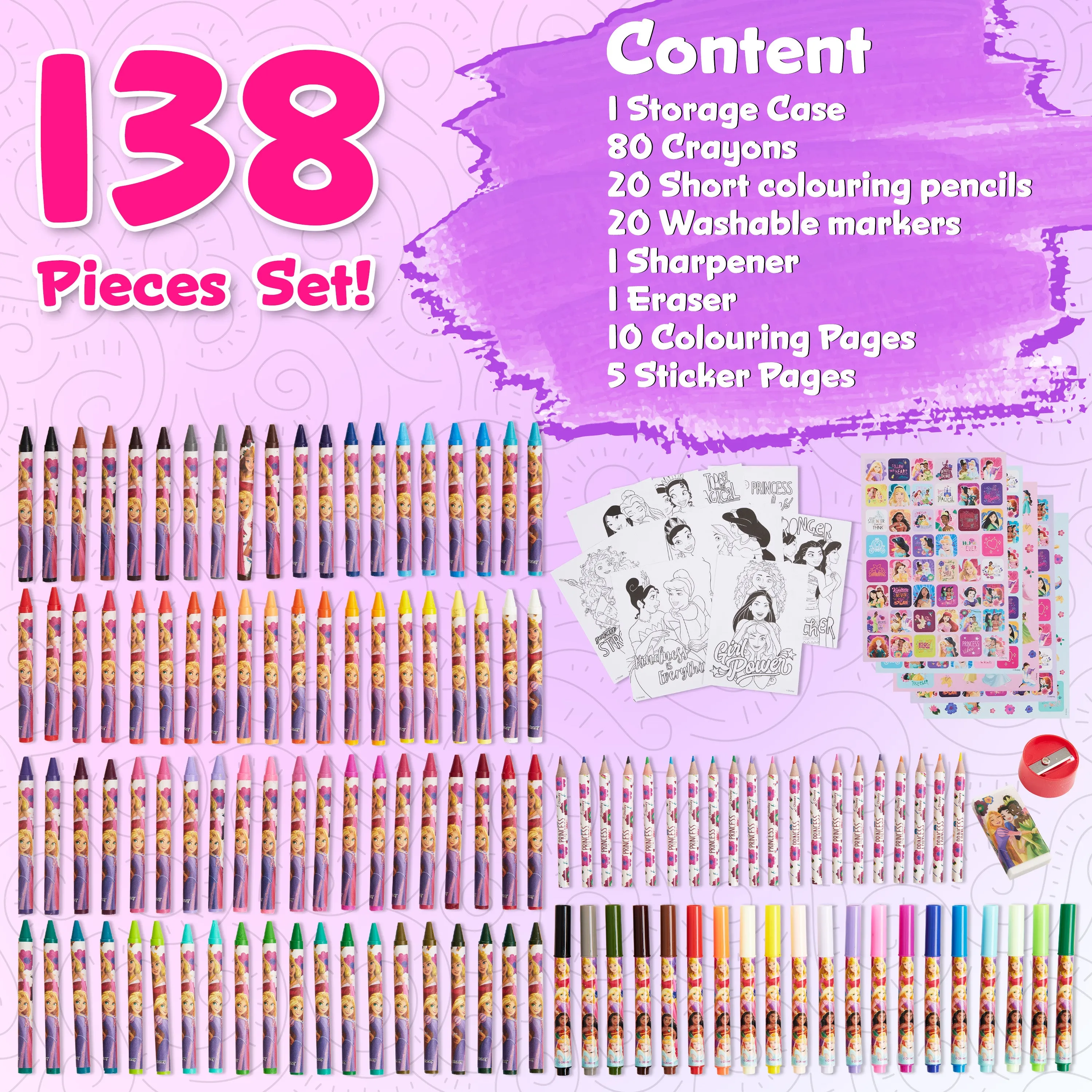 Disney Art Set for Kids 130  Pieces Colouring Pencils - Multi Princess Set