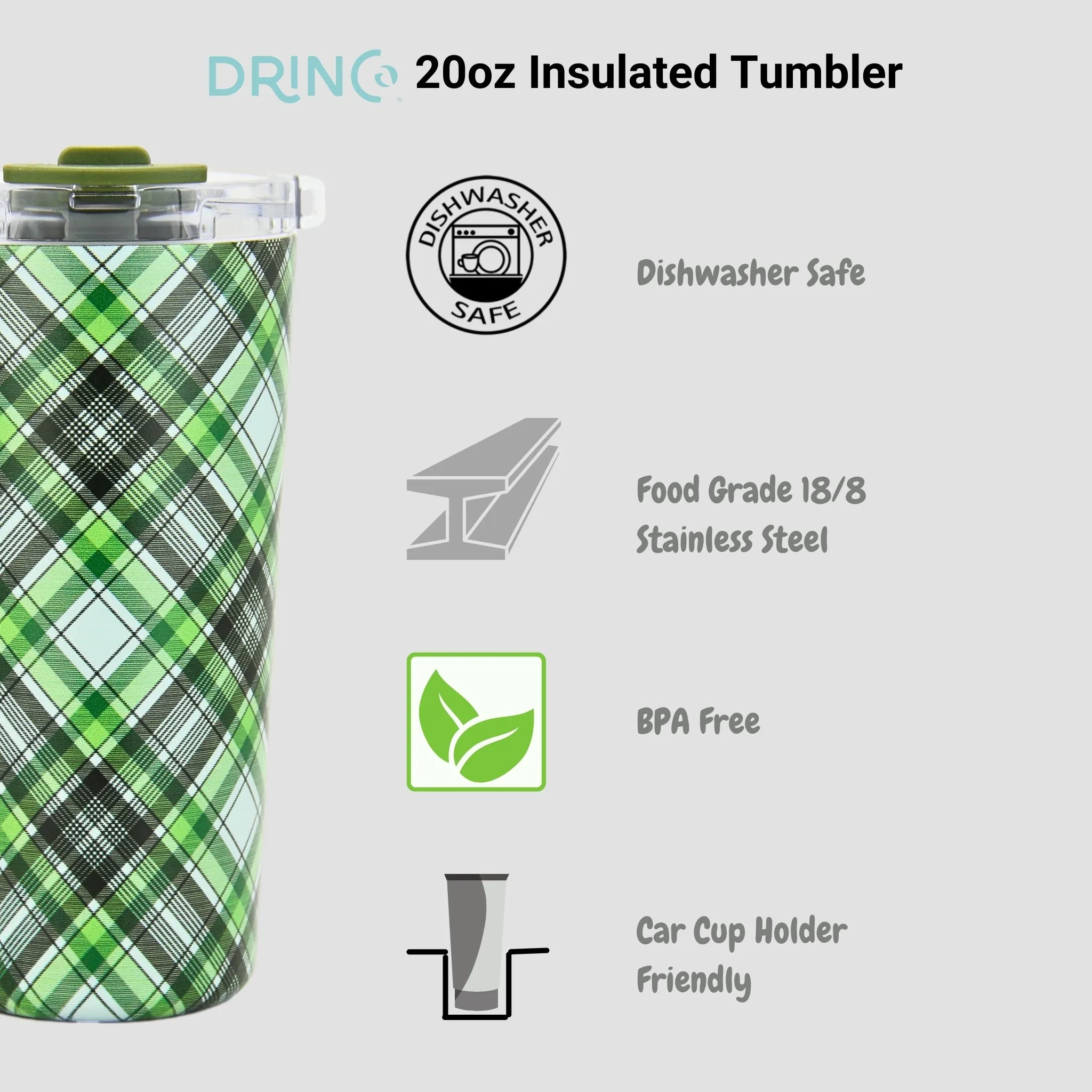 DRINCO®  Seattle 20oz Leakproof Tumbler with Straw - Ireland Plaid