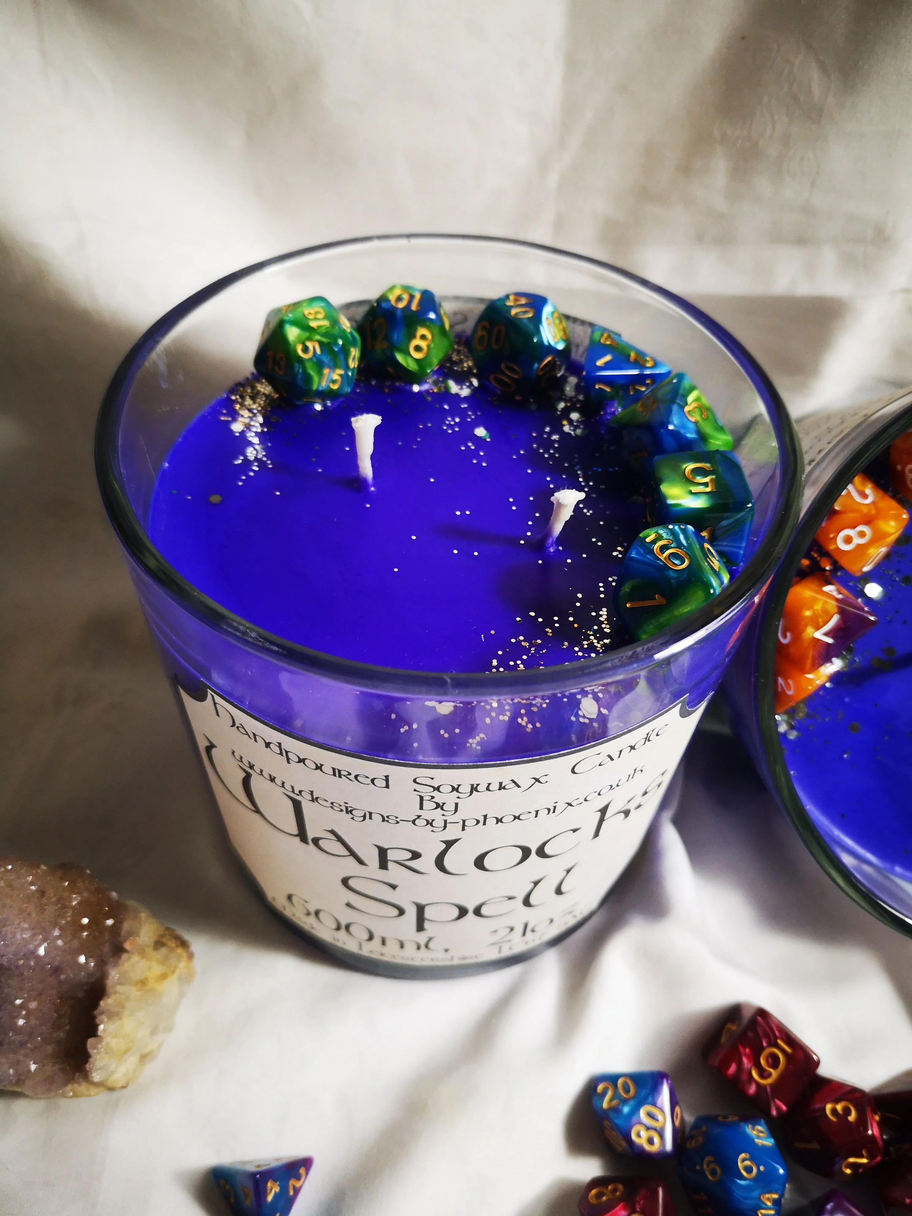 Dungeons & Dragons themed candle. dice embedded as a gift, 600ml 21 oz Warlocks Spell