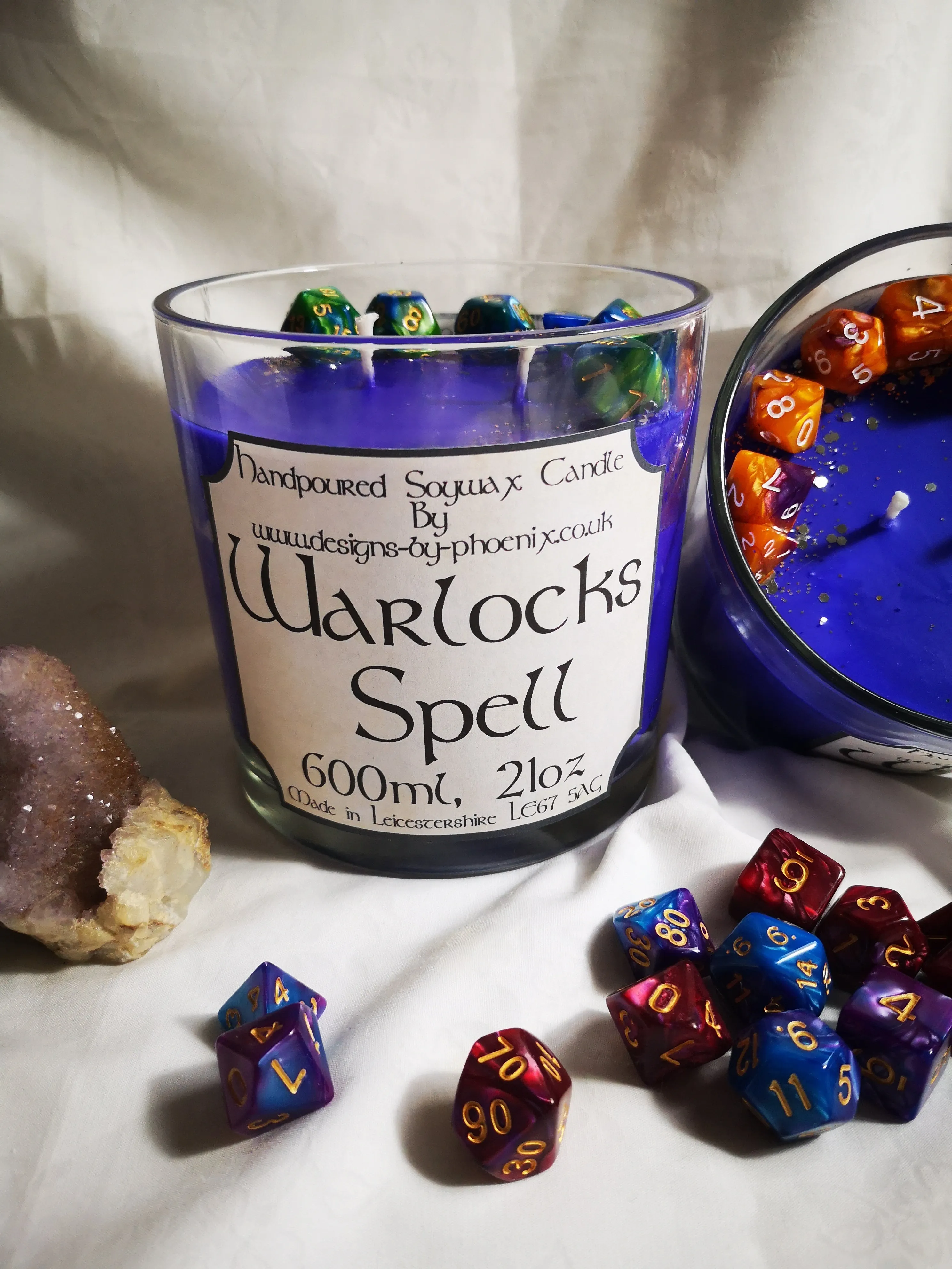 Dungeons & Dragons themed candle. dice embedded as a gift, 600ml 21 oz Warlocks Spell