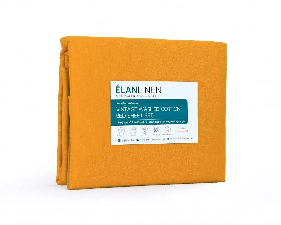 Elan Linen 100% Egyptian Cotton Vintage Washed 500TC Mustard Double Bed Sheets Set