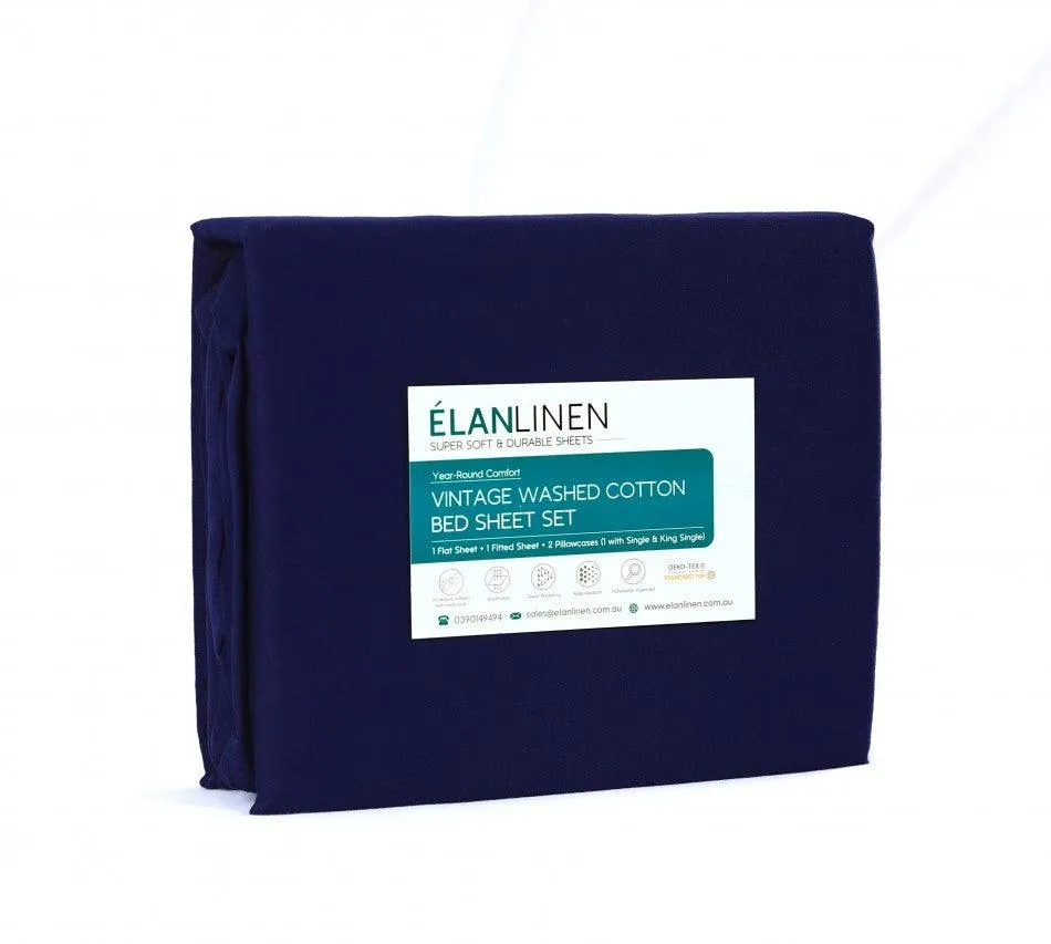 Elan Linen 100% Egyptian Cotton Vintage Washed 500TC Navy Blue 50 cm Deep Mega King Bed Sheets Set