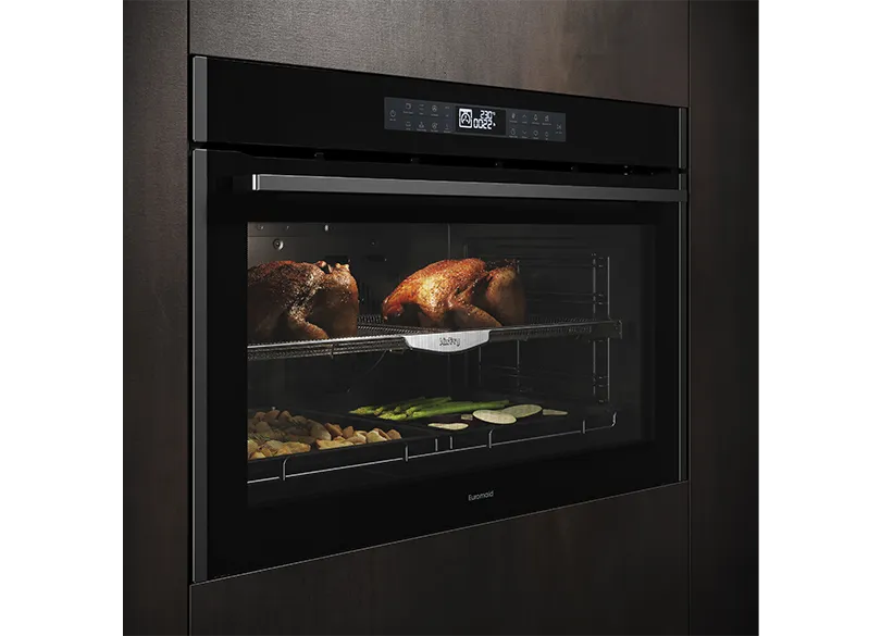 Euromaid EO916ASTB 90cm 16 Function Built-in Oven with Air Fry, Black Glass/Dark Steel - Clearance Discount