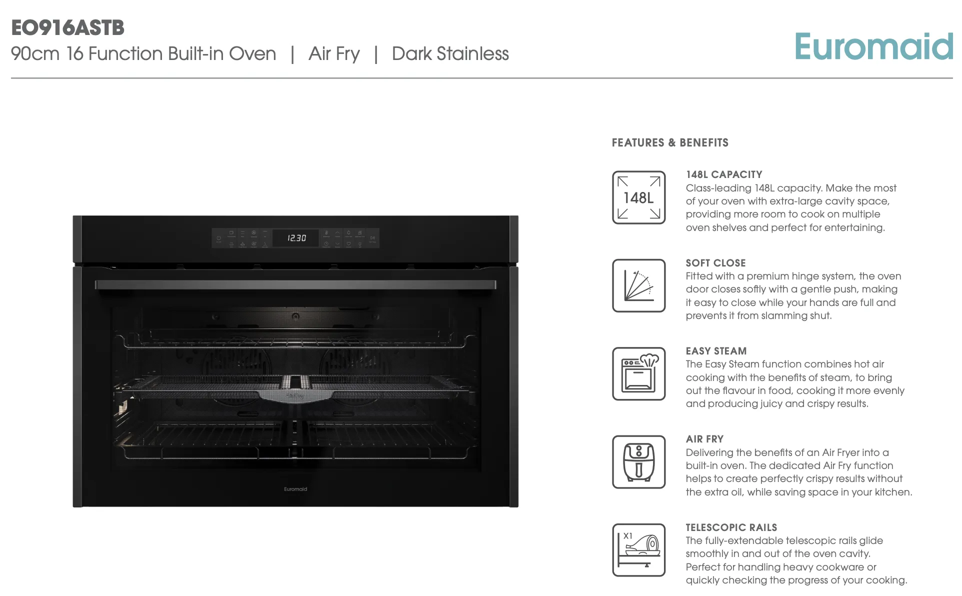 Euromaid EO916ASTB 90cm 16 Function Built-in Oven with Air Fry, Black Glass/Dark Steel - Clearance Discount