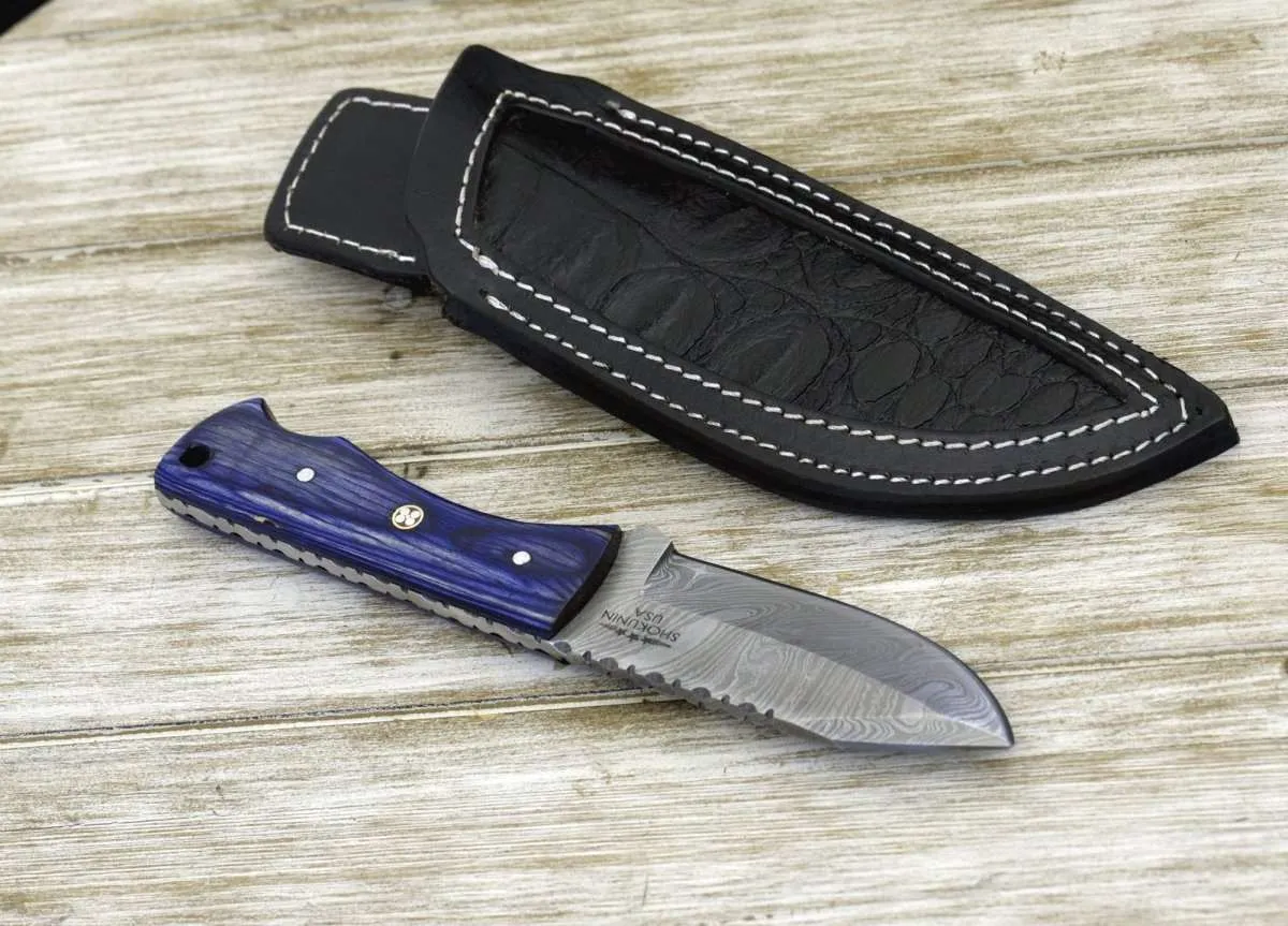 Flint Damascus Steel Skinning Knife with Pakkawood Handle