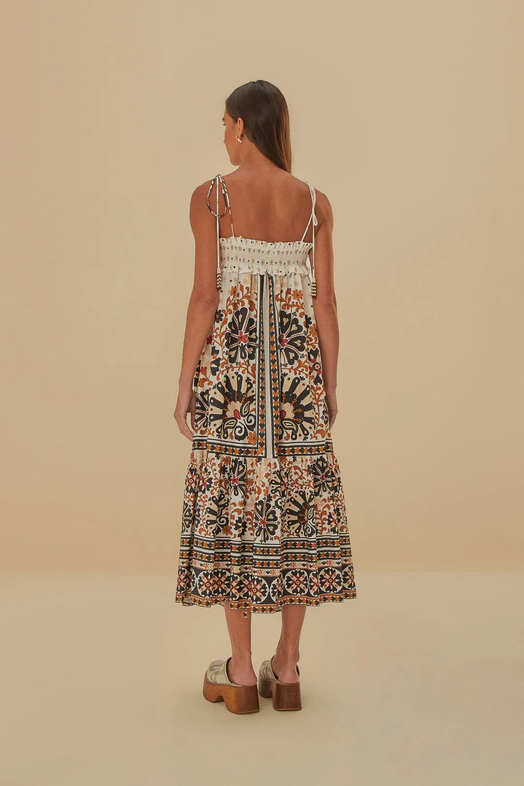 Flower Fan Tapestry Off-White Midi Dress