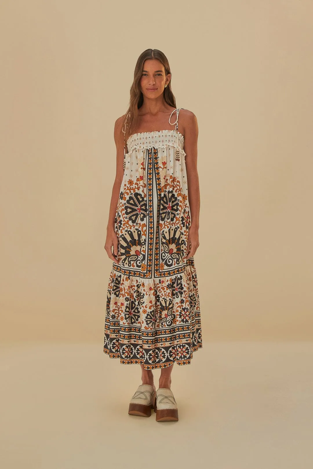 Flower Fan Tapestry Off-White Midi Dress