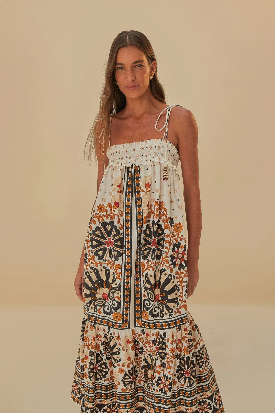 Flower Fan Tapestry Off-White Midi Dress