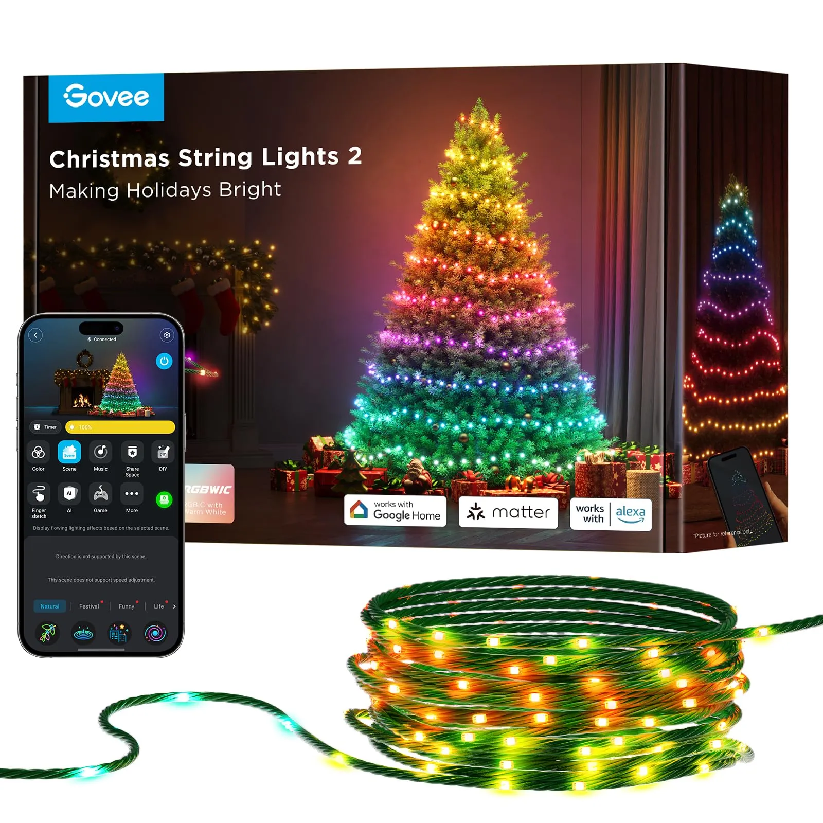 Govee Christmas Lights 2, RGBWIC 99FT 300LEDs Christmas Tree Lights with Shape Mapping Function, Smart Holiday String Lights for Christmas Decor, 130  Preset Scenes, Voice and APP Control, Green Wire