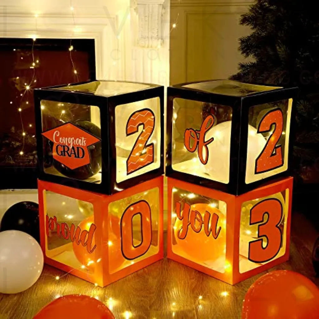 Graduation Box Decorations with Balloon and LED Light Strings Congrats 2023 Grad Party Supplies Proud of You Balloon Boxes for Class of 2023 School College Party Decor, 44 Pieces (Orange)