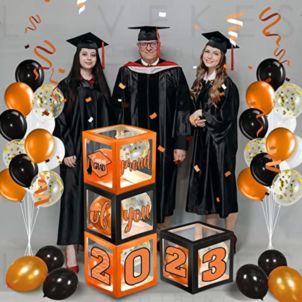 Graduation Box Decorations with Balloon and LED Light Strings Congrats 2023 Grad Party Supplies Proud of You Balloon Boxes for Class of 2023 School College Party Decor, 44 Pieces (Orange)