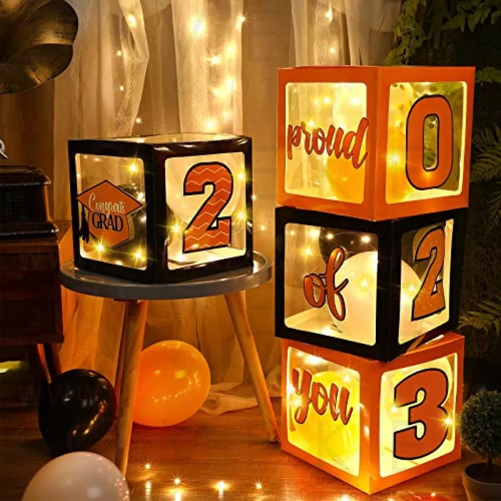 Graduation Box Decorations with Balloon and LED Light Strings Congrats 2023 Grad Party Supplies Proud of You Balloon Boxes for Class of 2023 School College Party Decor, 44 Pieces (Orange)