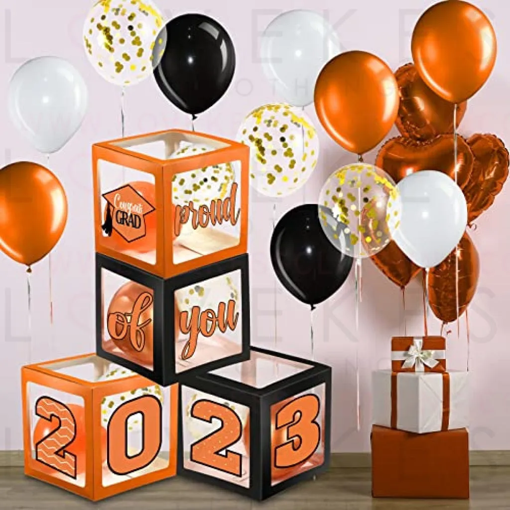 Graduation Box Decorations with Balloon and LED Light Strings Congrats 2023 Grad Party Supplies Proud of You Balloon Boxes for Class of 2023 School College Party Decor, 44 Pieces (Orange)