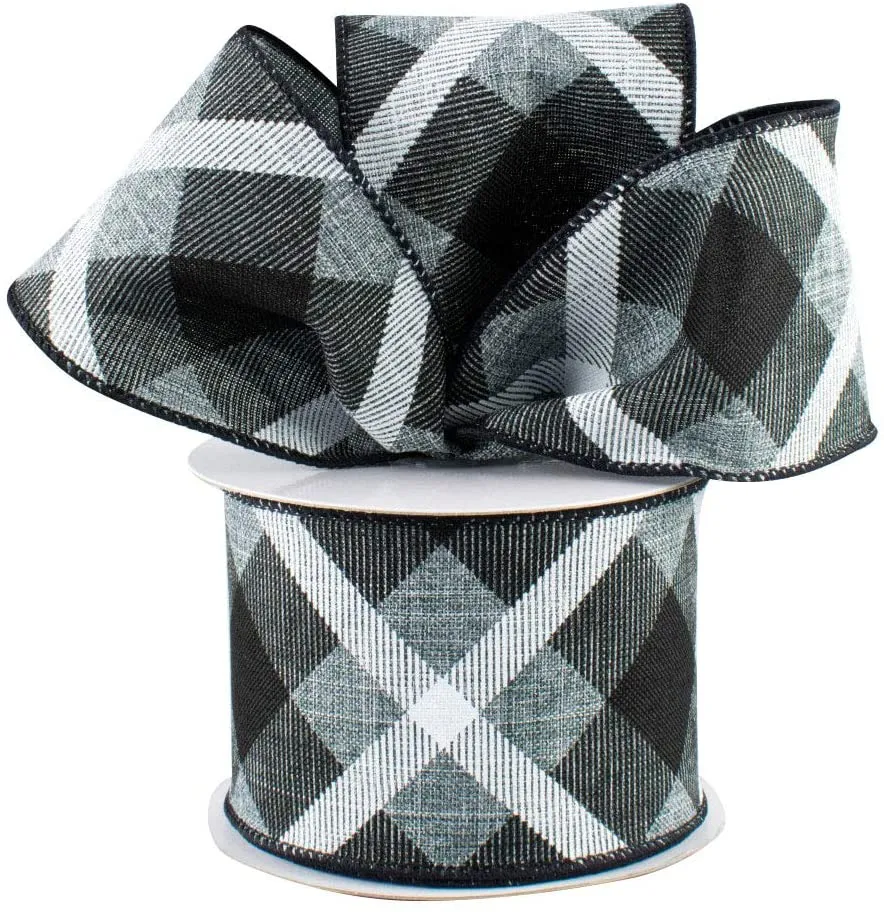 Grey Black White Plaid Ribbon - 2 1/2 inch x 10 Yards