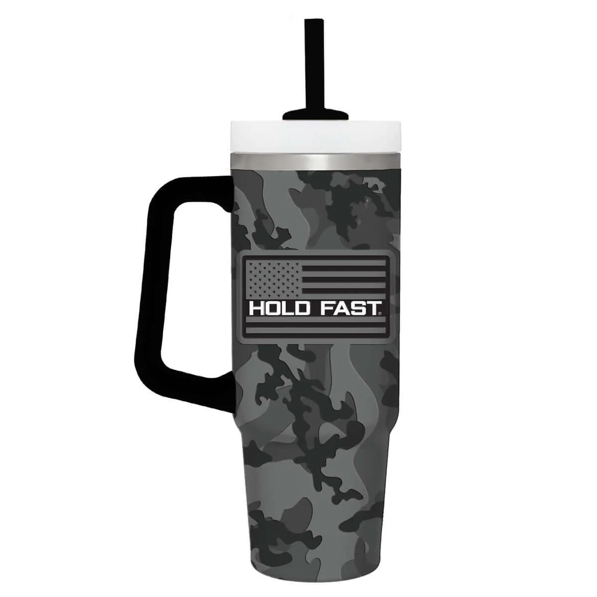 HOLD FAST 30 oz Stainless Steel Mug With Straw HF Black & Grey Camo