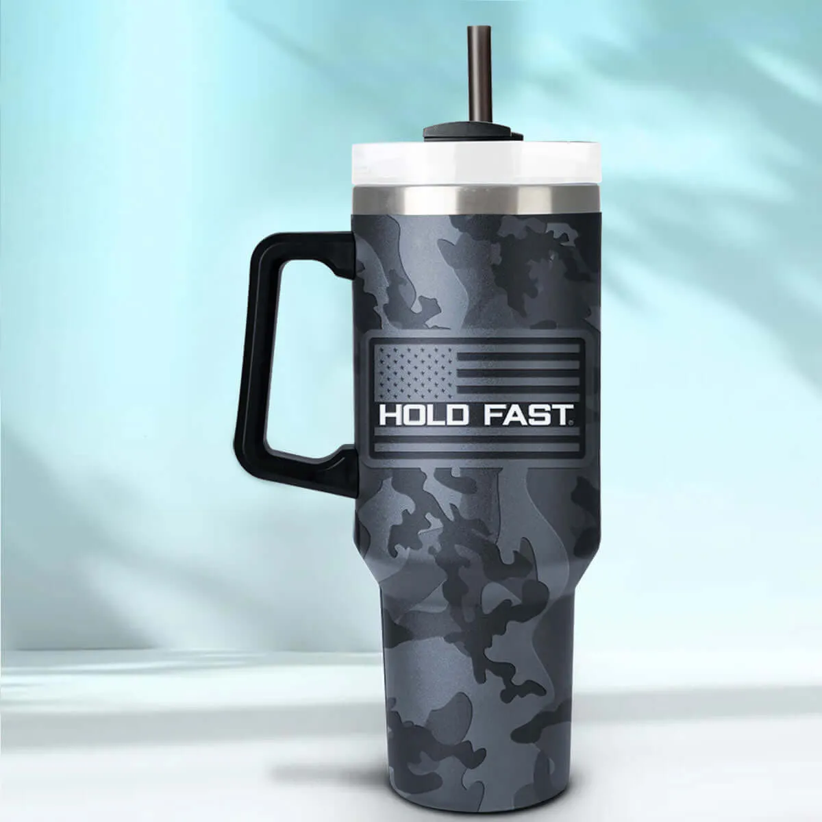 HOLD FAST 30 oz Stainless Steel Mug With Straw HF Black & Grey Camo