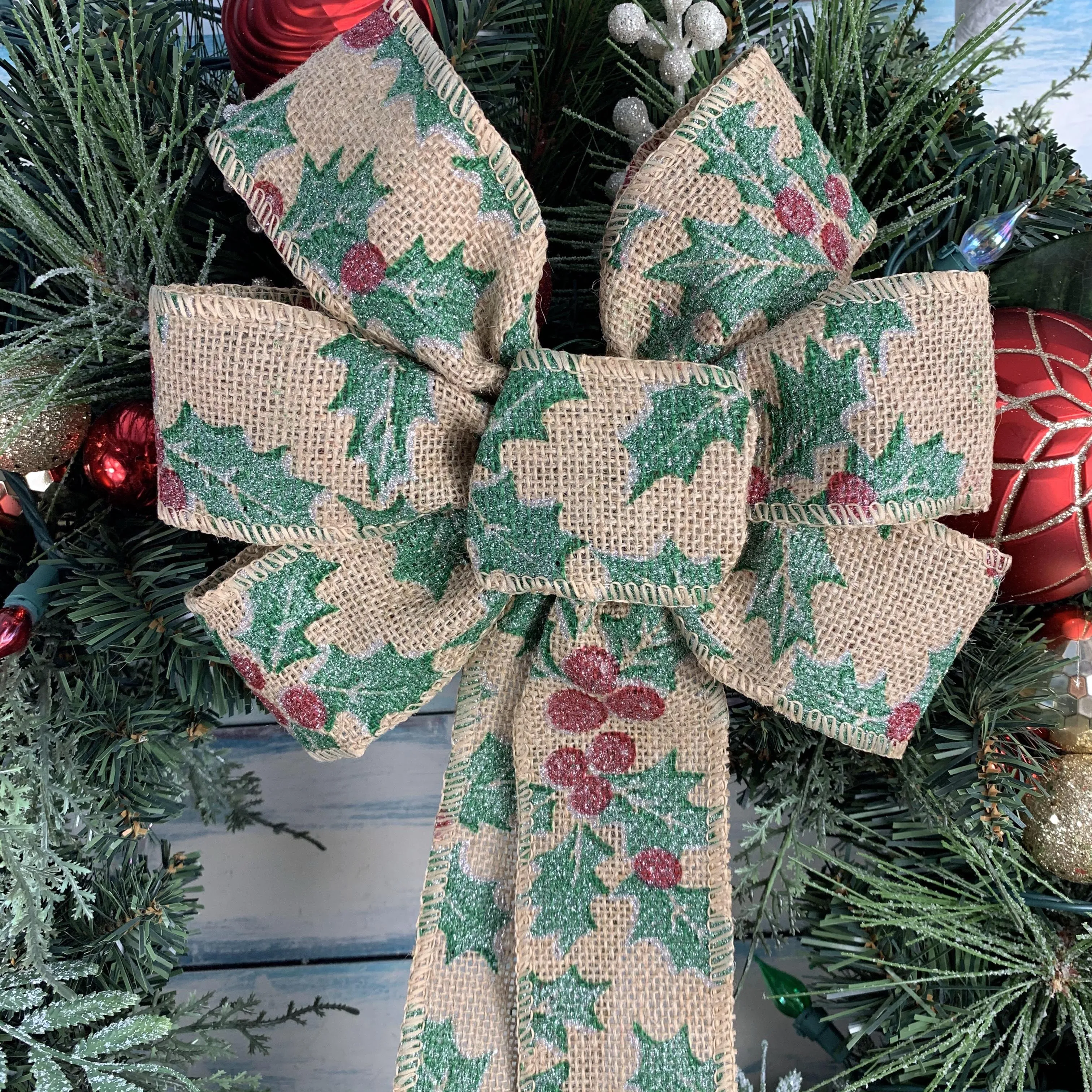 Holly Mistletoe Christmas Wreath Bow - 10" Wide, 18" Long Tails