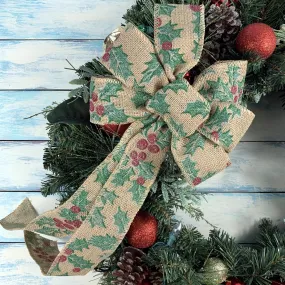 Holly Mistletoe Christmas Wreath Bow - 10" Wide, 18" Long Tails