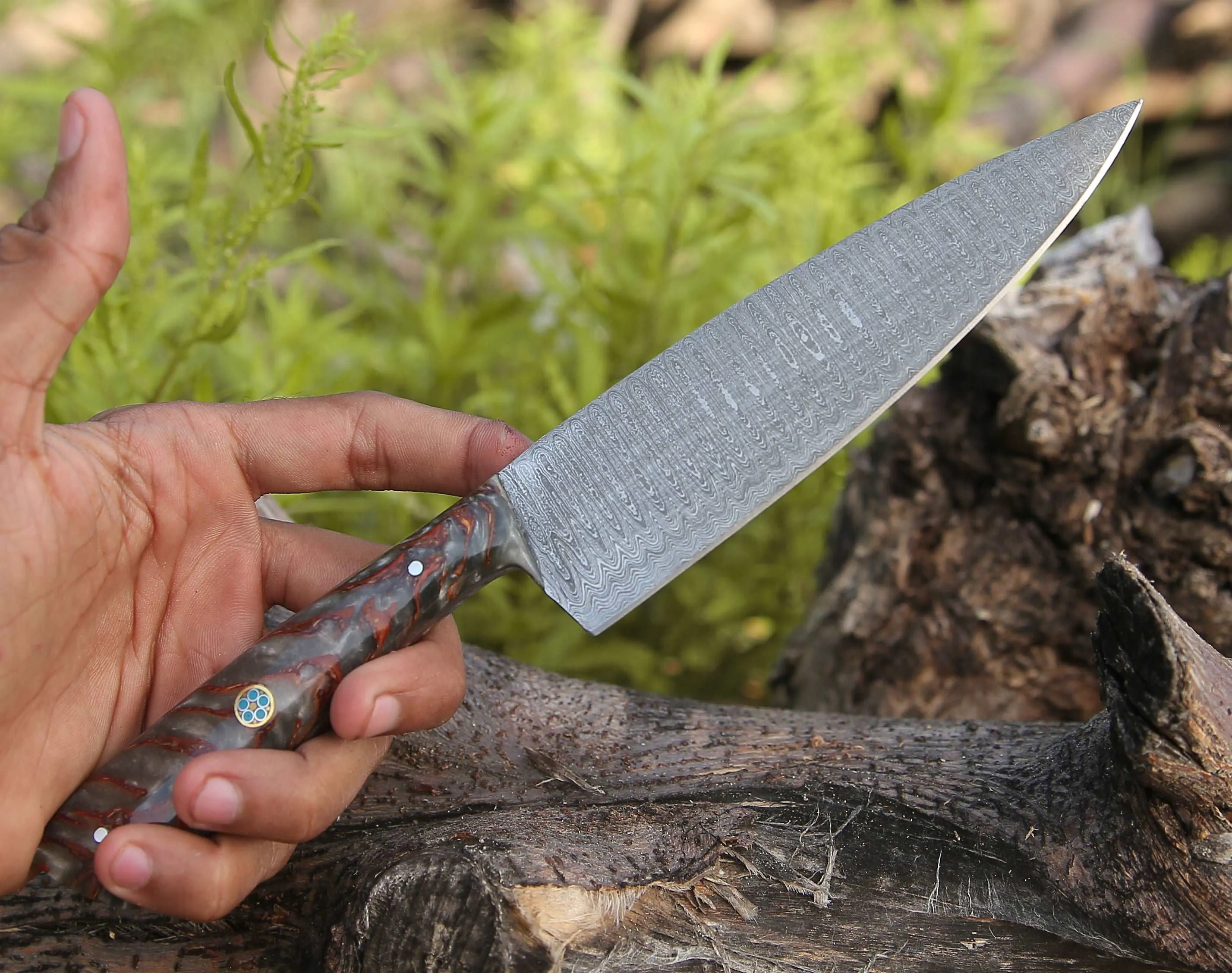 HyperEdge Damascus Chef Knife with Pine Cone Handle & Sheath