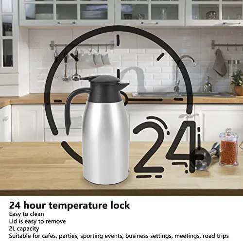 Insulated Coffee Carafe Thermal Pitcher, Coffee Carafe Tea Pot Ideal for Coffee Carafes for Keeping Hot, Tea Vacuum Pot 304 Stainless Steel Leakproof Lid 2L Capacity (Silver)