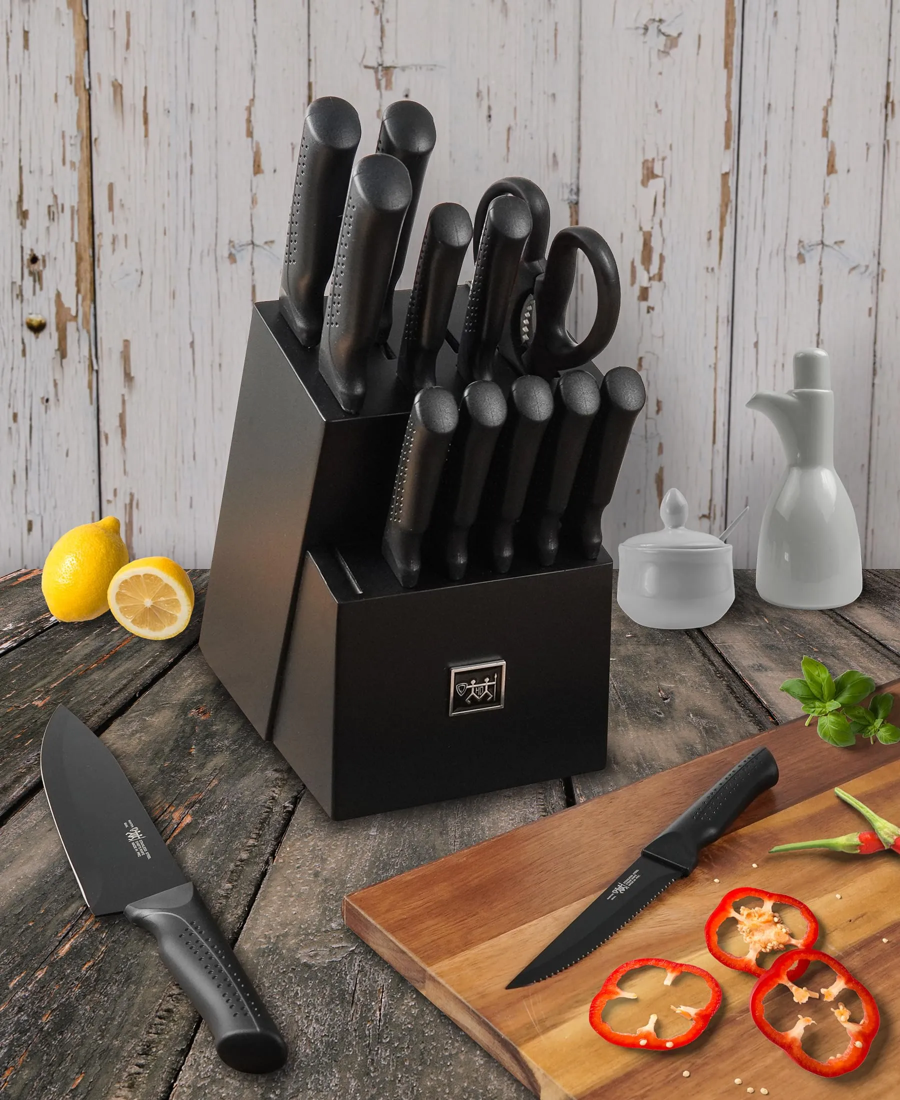 Knife Set, 15 Pcs Kitchen Knife Set with Block Self Sharpening, Dishwasher Safe, 6 Steak Knives, Anti-slip handle, Black