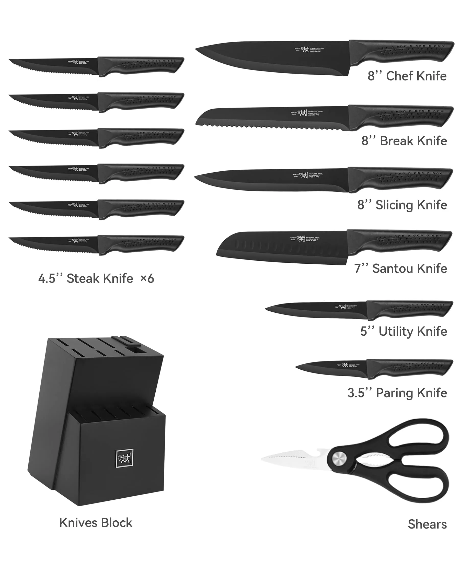 Knife Set, 15 Pcs Kitchen Knife Set with Block Self Sharpening, Dishwasher Safe, 6 Steak Knives, Anti-slip handle, Black