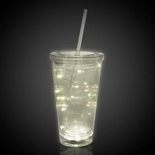 LED Light Up White 16 Oz String Double Walled Tumbler With Lid And Straw