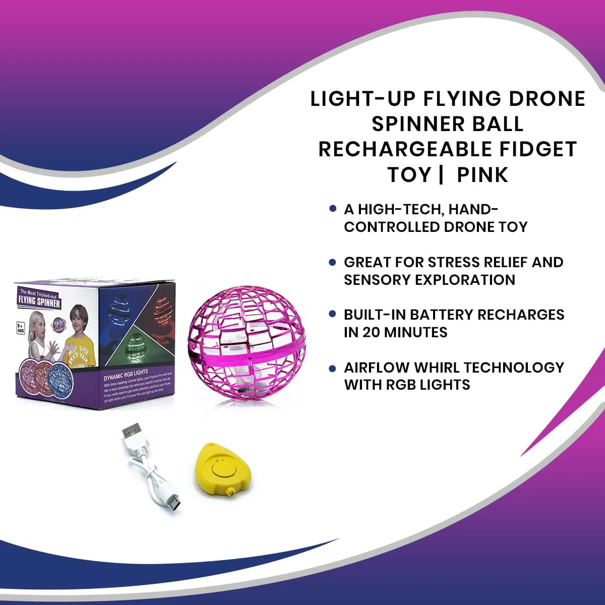 Light-Up Flying Drone Spinner Ball Rechargeable Fidget Toy | Pink