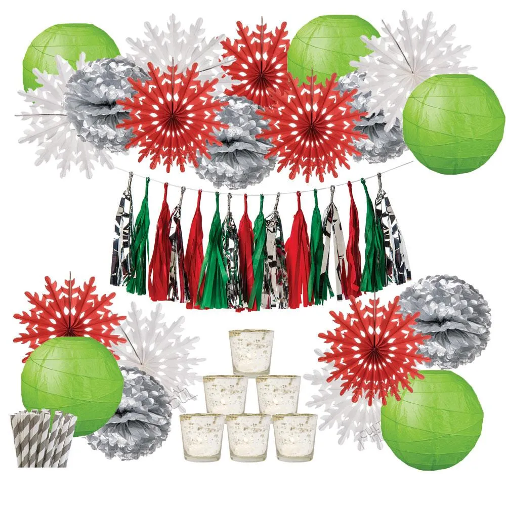 Luna Bazaar Tis the Season Party Decoration Kit - Includes Garland, Paper Hanging Snowflake Fans, Paper Lanterns, Tissue Paper Pompoms, Paper Straws and Mercury Glass Candle Holders