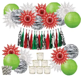 Luna Bazaar Tis the Season Party Decoration Kit - Includes Garland, Paper Hanging Snowflake Fans, Paper Lanterns, Tissue Paper Pompoms, Paper Straws and Mercury Glass Candle Holders