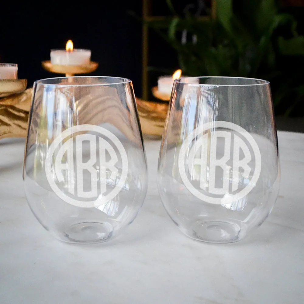 Monogrammed Stemless Wine Glasses & Champagne Flutes