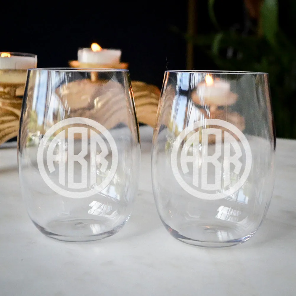 Monogrammed Stemless Wine Glasses & Champagne Flutes