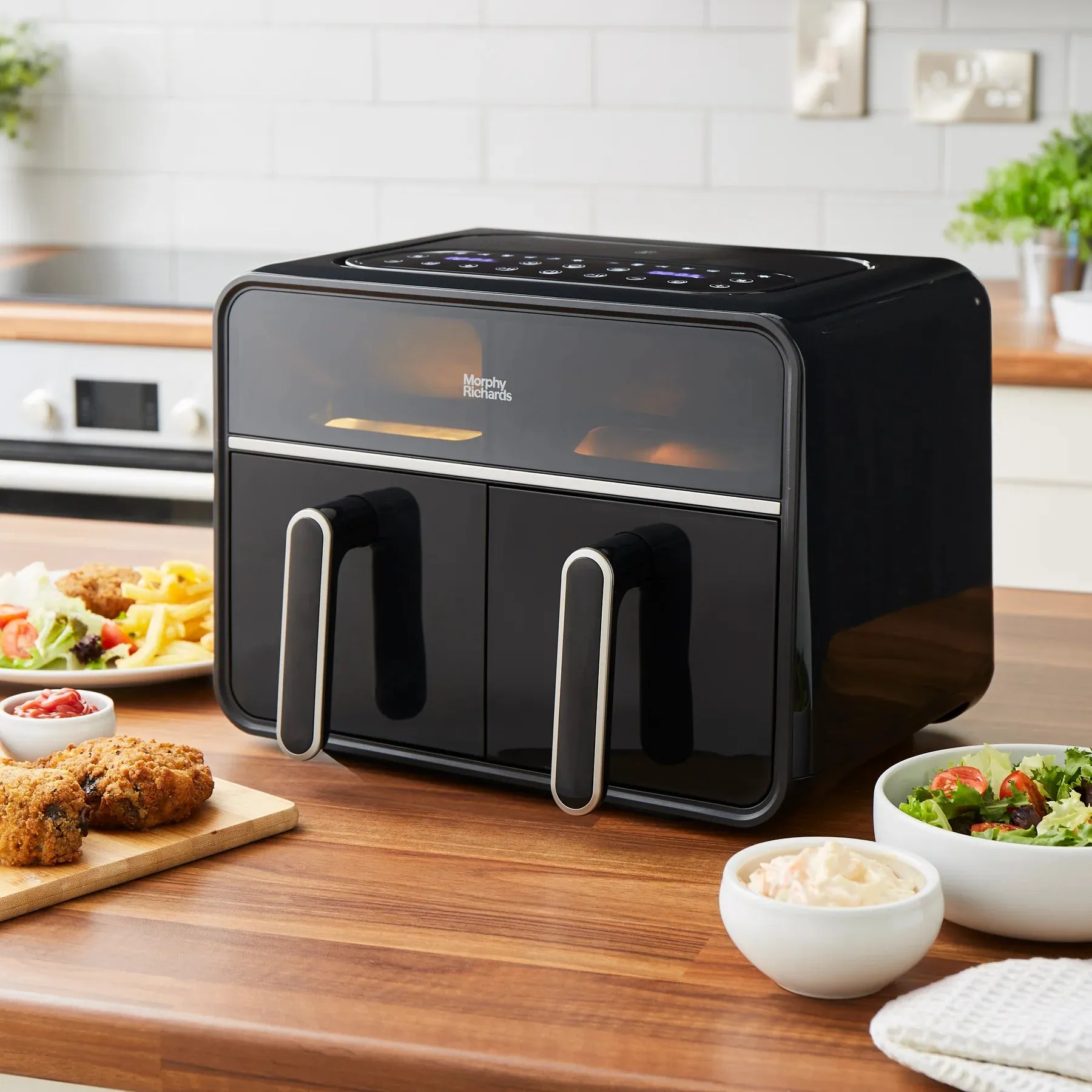 Motive Brushed Steel Kettle, Toaster & Digital Dual Basket 7.2 Litre Air fryer Bundle